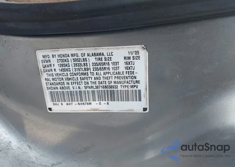 2006 Honda Odyssey Ex-L z USA, uszkodzony, nr VIN 5FNRL38716B038932